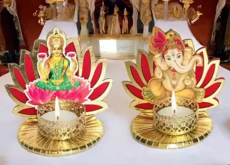 Handmade Louts Laxmi & Ganesh Tealight Candle Holder For decoration/ Diwali decoration/ Table Top, Color-Red, Pack-02