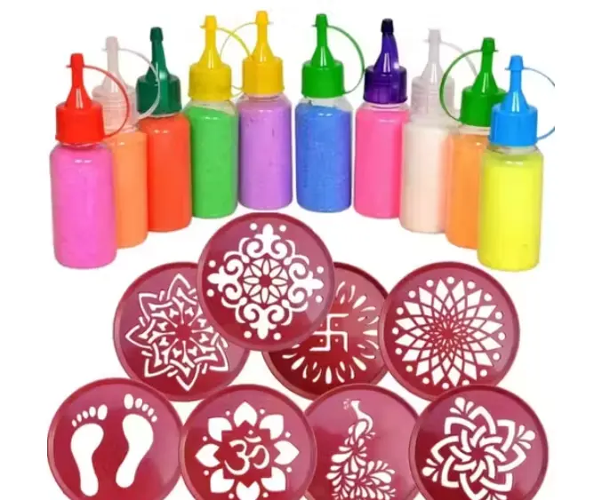 Pack of 5 Rangoli Color Bottle with special nozzle design for easy flow for diwali decorations