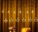 Warm White Diya/Diwali Light Curtain, Led String Copper Lights with Pack of 1 Hanging Diyas, 8 Flashing Modes, Decoration, Prong Base, 2.5 Meters