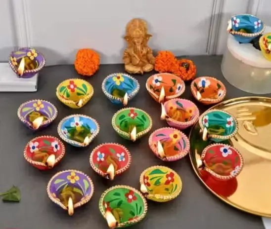 21 Pieces Multicolor Mix Diyas Terracotta Mitti Clay Designer Multicolor Flower Design Decorative Diya/Deepak/Diwali Decor (Set of 21) USE Pure Clay NO Chemicals