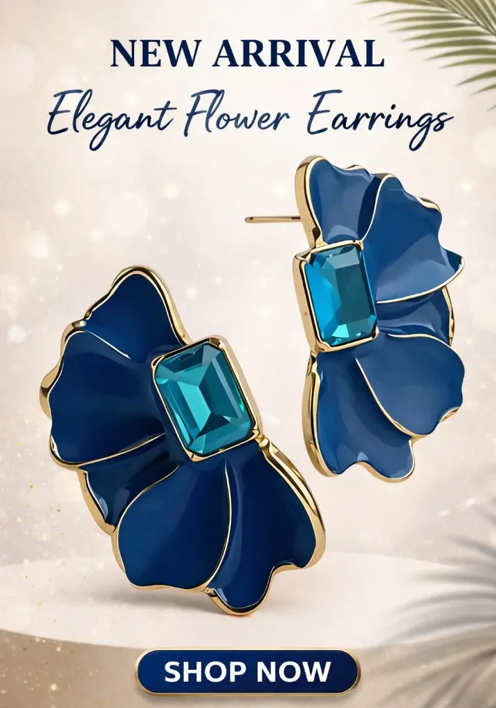 New French Style Blue Colour Oil Drop Flower Stud Earrings For Women And Girls