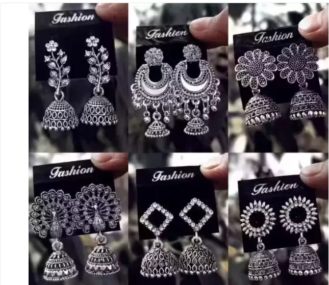 Unique Indian Dangle Earrings Set of 6, Brass and Copper with Oxidized Silver Plating