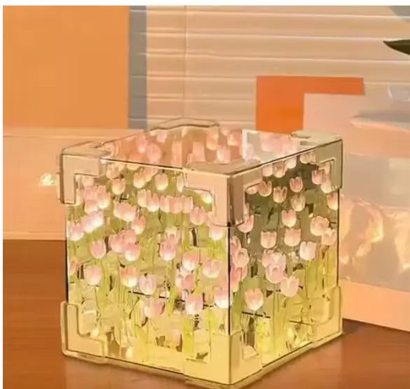Tulip Cube Mirror Lamp, 20 Flowers LED Decorative Lamp, 2 in 1 Mirror & Table Ornaments for Bedroom Livingroom Desktop Decor Birthday Gift