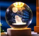Glass Ball Night LED Lamp with USB Powered 2.36 Inch Wooden Base Colorful Crystal Ball for Gifts Men,Women,Kids,Boys,Girls (Moon Rabbit)