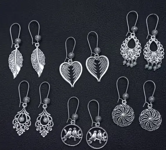 Antique Silver Oxidised Jhumka Earrings, Combo Pack of 5 pair Traditional Oxidised Earrings – Lightweight & Stylish, Tribal .