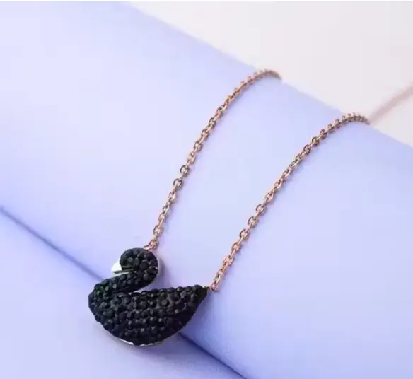 Royatto Imported Jewellery Rose Gold Plated American Diamond Black Duck Necklace Golden Chain for Women & Girls Rose Gold Plated Black Swan Pendent