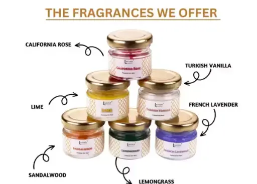 Candles Cute Perfume Scented Mini Jar Candles for Home Decor & Gifting (Set of 6) | California Rose, Lemon Grass, Jasmine, Turkish Vanilla, Lavender & Sandalwood Candles Candle (Multi color, Pack of 6), Perfume Candles