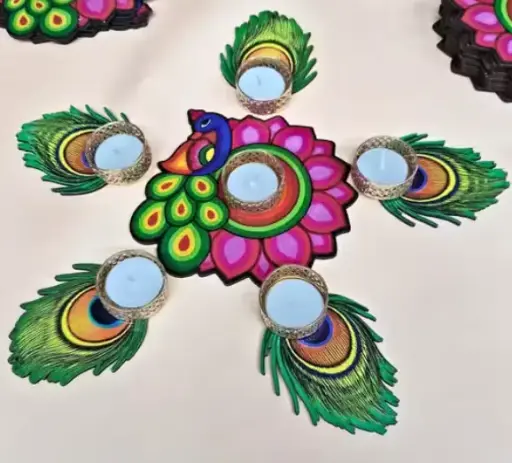 Decorative Peacock Tealight Candle Holder Set, Mor Pankh Design, 6-Piece Floor Rangoli Diya Set, Traditional Home Decor