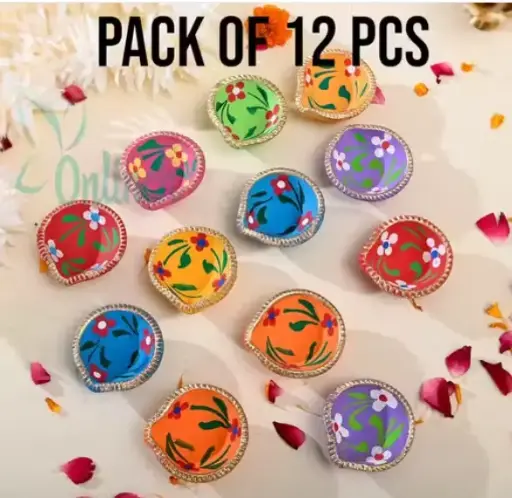 Diyas for Diwali and Home Decoration,mitti Diya for puja,Festival Decoration Diya, Multicolor -Pack of 12