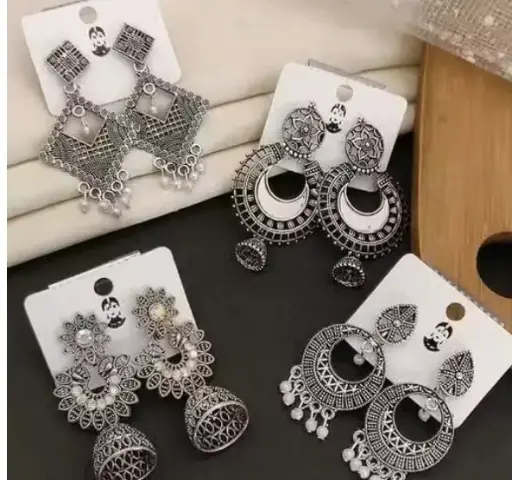Combo of 4 Pair New Latest Design Drop & Dangles Hoop Jhumki Oxidised Silver Earrings for women/girls