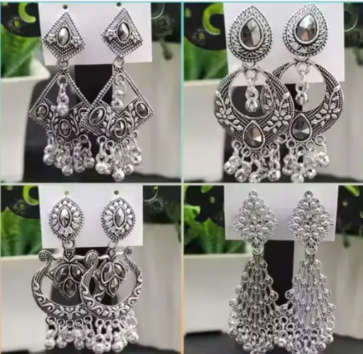 Combo of 4 Pair New Latest Design Drop & Dangles Hoop Jhumki Oxidised Silver Earrings for women/girls