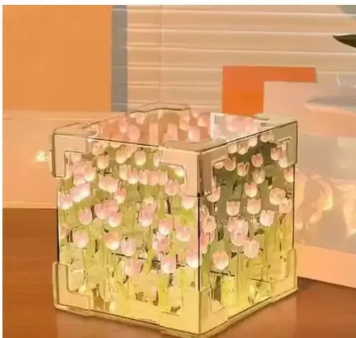 Tulip Cube Mirror Lamp, 20 Flowers LED Decorative Lamp, 2 in 1 Mirror & Table Ornaments for Bedroom Livingroom Desktop Decor Birthday Gift