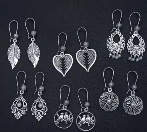 Antique Silver Oxidised Jhumka Earrings, Combo Pack of 5 pair Traditional Oxidised Earrings – Lightweight & Stylish, Tribal .