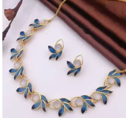 Gold Plated Blue Leafy Pattern Jewellery Set For Women
