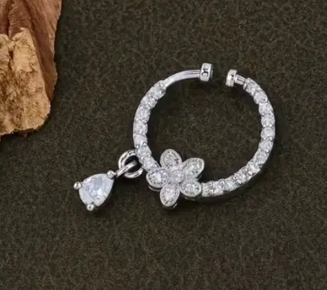 Jewellery Elite Glittering Nosepins | Stylish Silver-Plated Floral Nath for Women and Girls | Clip-On Non-Pierced Nose Ring with American Diamond Embellishment and Teardrop Latkan | Ideal for Weddings, Parties & Traditional Wear ✨
